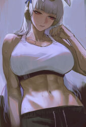 1girl abs adjusting_hair animal_ears arm_at_side averting_eyes bare_shoulders black_shorts blunt_bangs breasts closed_mouth collarbone commentary drawstring fingernails gold_ship_(umamusume) grey_hair hand_up headphones highres horse_ears horse_girl large_breasts lips long_hair midriff navel red_eyes short_shorts shorts solo sports_bra sportswear sweat tomatoketchup96 toned toned_female umamusume white_sports_bra