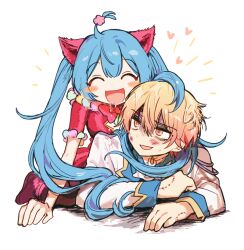 Rule 34 | 1boy, 1girl, ahoge, animal ears, bite mark, blonde hair, blood, blue hair, boots, cat ears, dress, happy, hatsune miku, heart, jacket, jihecchi, long hair, open mouth, pink boots, pink dress, pom pom (clothes), project sekai, saliva, scratches, short sleeves, smile, sweat, tenma tsukasa, twintails, very long hair, vocaloid, white jacket, wonderlands x showtime miku, yellow eyes