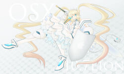 1girl animal_ears blonde_hair blue_eyes boots commentary_request dress full_body holding holding_shield holding_sword holding_weapon lion-tan lion_ears long_hair looking_at_viewer original os-tan personification sato_(esuplusesu) shield solo sword twintails very_long_hair weapon white_boots white_dress