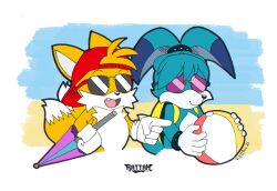ball beach blonde_hair blue_fur blue_hair child fennec_fox fox hat highres idw_publishing kitsunami_the_fennec long_ears parasol rattosah sand sega shota smile sonic_(series) sonic_the_hedgehog_(idw) sunglasses tails_(sonic) umbrella yellow_fur