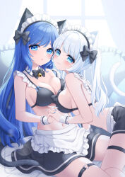 2girls :o animal_ear_fluff animal_ears apron bell black_bow black_bowtie black_bra black_skirt black_tail blue_eyes blue_hair blue_nails blush bow bowtie bra breasts cat_ears cat_girl cat_tail cleavage closed_mouth collar commentary_request day detached_collar fingernails frilled_hairband frills hairband heart heart_in_eye heart_o-ring highres holding_hands indoors jingle_bell large_breasts long_hair looking_at_viewer maid maid_headdress multiple_girls nail_polish navel neck_bell o-ring o-ring_thigh_strap original revision skirt smile stardrop stomach symbol_in_eye tail thigh_strap underwear very_long_hair waist_apron watermark white_apron white_collar white_tail white_wrist_cuffs wrist_cuffs