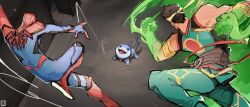 2boys absurdres animal_print back bare_shoulders belt blue_bodysuit bodysuit brown_belt clenched_hands collar commentary cyrosaur english_commentary fins fish_tail green_pants green_shirt headband highres iron_fist_(marvel) jeff_(marvel) looking_at_another looking_up magic marvel marvel_rivals multiple_boys open_mouth pants purple_collar red_bodysuit shark shark_tail sharp_teeth shirt silk sleeveless sleeveless_shirt smile spider-man spider_print spider_web spider_web_print superhero_costume tail teeth two-tone_bodysuit