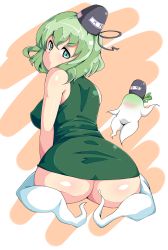 1girl ass bad_id bad_pixiv_id blush daikon female_focus from_behind ghost_legs ghost_tail green_eyes green_hair hat highres looking_back matching_hair/eyes moisture_(chichi) multiple_tails radish short_hair simple_background sitting soga_no_tojiko solo tail tate_eboshi touhou white_legwear