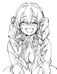 1girl :d ^_^ blush braid breasts cleavage closed_eyes facing_viewer greyscale highres jacket kanroji_mitsuri kimetsu_no_yaiba large_breasts long_hair mito_(go!go!king!) monochrome nose_blush open_clothes open_jacket open_mouth simple_background smile solo sweat tears twin_braids twintails upper_body very_long_hair white_background