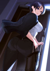 Rule 34 | 1girl, absurdres, ass, bag, black hair, black jacket, black pants, blouse, blue eyes, blue hair, breasts, door, dutch angle, earrings, from below, hair behind ear, handbag, highres, jacket, jacket on shoulders, jewelry, kagematsuri, large breasts, lipstick, looking at viewer, looking back, makeup, mole, mole under eye, open door, original, pants, pantylines, pocketbook, shirt, short hair, sleeveless, sleeveless shirt, smile, solo, tight clothes, tight pants, white shirt