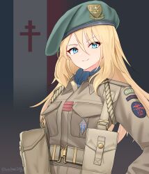1girl absurdres ammunition_pouch aqua_eyes artist_name belt blonde_hair blue_scarf brown_belt brown_jacket closed_mouth flag_background french_flag green_hat hair_between_eyes hat hat_ornament highres jacket leochan1202 long_hair long_sleeves looking_at_viewer military military_uniform original patch pouch scarf shoulder_patch sidelocks smile socks solo unit_patch upper_body world_war_ii