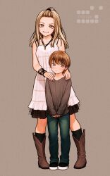 1boy 1girl age_difference bangs_pinned_back bare_shoulders blonde_hair blush boots bracelet brown_eyes brown_hair commentary_request denim dress embarrassed forehead full_body grey_shirt hands_on_another&#039;s_shoulders highres jeans jewelry long_hair looking_at_viewer looking_to_the_side necklace onee-shota original pants rustle shirt shoes smile sneakers white_dress