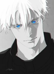 1boy blue_eyes closed_mouth eyelashes gojou_satoru greyscale hair_between_eyes hashtag-only_commentary jujutsu_kaisen juneseo looking_at_viewer male_focus monochrome short_hair signature simple_background solo spot_color turtleneck