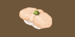 Rule 34 | brown background, fish (food), flounder, food, food focus, hisachan55cute, no humans, original, pixel art, rice, scenery, simple background, still life, wasabi