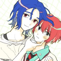 1boy 1girl amate_yuzuriha aqua_eyes blue_hair blush collared_shirt commentary_request dajae_public grid_background gundam gundam_gquuuuuux highres korean_commentary looking_at_viewer necktie red_eyes red_hair school_uniform shirt short_hair shuji_ito smile squeezing_cheeks sweater white_background white_shirt