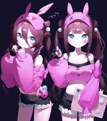 1girl animal_ears bare_shoulders black_background black_shirt black_shorts blue_eyes bow-shaped_hair breasts brown_hair cleavage closed_mouth cowboy_shot crop_top crop_top_overhang cropped_jacket fake_animal_ears frilled_shorts frills gloves hair_between_eyes hand_up hands_up highres jacket long_hair long_sleeves looking_at_viewer midriff multiple_views off-shoulder_jacket off_shoulder original partially_fingerless_gloves pink_jacket puffy_long_sleeves puffy_sleeves rabbit_ears shirt short_shorts shorts sleeveless sleeveless_shirt smile twintails undershirt zetto023