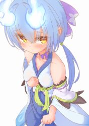 1girl absurdres bare_shoulders blue_hair blue_hakama blue_sleeves blush breasts detached_sleeves emil_chronicle_online fireball hair_ribbon hakama highres japanese_clothes medium_breasts purple_ribbon ribbon silver-index twintails white_background wide_sleeves wisp_alma yellow_eyes