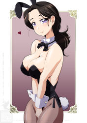1girl animal_ear_hairband animal_ears black_bow black_bowtie black_hair black_leotard bow bowtie breasts brown_pantyhose cleavage covering_crotch covering_privates detached_collar fake_animal_ears girls_und_panzer gradient_background hairband hamada_kiyo highres ichijou_takakiyo large_breasts leotard low_ponytail pantyhose playboy_bunny ponytail purple_eyes rabbit_ears rabbit_tail solo strapless strapless_leotard tail v_arms wrist_cuffs