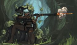 1girl abs aiming barefoot black_bra black_panties blurry blurry_background bodypaint borrowed_character bra breasts commentary commission dark-skinned_female dark_skin depth_of_field english_commentary firing forest full_body ghillie_suit grass gun hair_between_eyes highres holding holding_gun holding_weapon lever_action looking_to_the_side medium_breasts medium_hair muzzle_flash nature on_one_knee orange_eyes original painterly panties pointy_ears rifle slit_pupils solo tree underwear weapon weapon_request white_hair zer0frostart