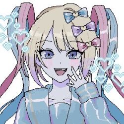 1girl blonde_hair blue_eyes blue_hair blue_serafuku blunt_bangs blush bow chouzetsusaikawa_tenshi-chan colored_tips hair_bow hand_up heart looking_at_viewer lowres multicolored_hair multiple_hair_bows needy_girl_overdose open_mouth pink_hair pixel_art portrait quad_tails reno_(re_leno) school_uniform serafuku solo spread_fingers teeth upper_teeth_only white_background