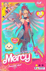 1girl absurdres aiming aleikats angel armlet barbie_(franchise) bare_shoulders blonde_hair blue_eyes blunt_bangs breasts character_name cleavage clenched_teeth commentary copyright_name crossed_legs crossover detached_sleeves dress english_commentary english_text floral_print full_body gun halo handgun highres holding holding_gun holding_staff holding_weapon jewelry long_hair mechanical_wings medium_breasts mercy_(overwatch) overwatch pachimari pink_dress pink_lips pink_mercy pink_ribbon ribbon sign smirk solo_focus staff star_(symbol) teeth twintails twitter_username warning_sign weapon winged_armlet wings