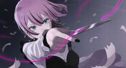 1girl absurdres aiming aiming_at_viewer baka_janai_noni_(zutomayo) black_bustier black_hair black_nails bustier center-flap_bangs colored_inner_hair dress_shirt dutch_angle ear_piercing fingernails floating_hair frown hair_between_eyes highres holding holding_scissors long_sleeves multicolored_hair nail_polish nira-chan nira-chan_(baka_janai_noni)_(zutomayo) piercing pink_hair purple_eyes scissors shirt streaked_hair string string_of_fate tsukimoritsuki white_shirt zutto_mayonaka_de_ii_no_ni