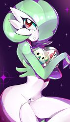 Rule 34 | black eyes, bob cut, colored skin, dress, gardevoir, gen 3 pokemon, gen 5 pokemon, green hair, green skin, hair over one eye, highres, jun-kou, looking at viewer, multicolored skin, nintendo, parted lips, pokemon, pokemon (creature), red eyes, solosis, sparkle, two-tone skin, white dress, white skin