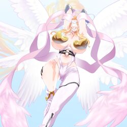Rule 34 | 1girl, absurdres, alternate costume, angel wings, angewomon, angewomon (cosplay), arms up, belt, blindfold, blonde hair, blue background, boobplate, breastplate, breasts, clothing cutout, cosplay, digimon, digimon (creature), feathered wings, foot out of frame, gerusyu, gradient background, highres, huge breasts, long hair, multiple wings, navel, o-ring, pink ribbon, ribbon, simple background, solo, stomach cutout, venusmon, very long hair, white wings, wings