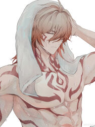 1boy abs arm_tattoo blonde_hair braid chest_tattoo closed_eyes commentary_request drying drying_hair drying_own_hair facial_tattoo gradient_hair hair_between_eyes hand_up highres honkai:_star_rail honkai_(series) makaretaiyo male_focus medium_hair multicolored_hair mydei_(honkai:_star_rail) pectorals red_hair red_tattoo side_braid simple_background solo tattoo toned toned_male towel towel_on_head upper_body wet wet_hair white_background
