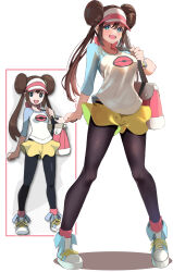 1girl black_pantyhose blue_eyes blush breasts brown_hair donut_hair_bun double_bun hair_bun hat highres large_breasts long_hair looking_at_viewer momdy_(talesshinja) nintendo open_mouth pantyhose pantyhose_under_shorts poke_ball_print pokemon pokemon_bw2 raglan_sleeves rosa_(pokemon) shirt shorts simple_background smile solo twintails visor_cap white_background yellow_shorts