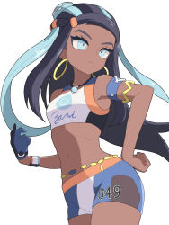 1girl armlet belly_chain bike_shorts blue_eyes blue_eyeshadow closed_mouth commentary_request cowboy_shot dark-skinned_female dark_skin dynamax_band earrings eyelashes eyeshadow gloves hand_on_own_hip hiyoshipow hoop_earrings jewelry long_hair looking_to_the_side makeup multicolored_hair necklace nessa_(pokemon) nintendo pokemon pokemon_swsh simple_background single_glove solo sports_bra two-tone_hair white_background