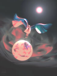 1boy backlighting black_background black_hair blue_wings coat colored_smoke dkaism faceless flying full_body original planet red_sun simple_background size_difference smoke solo white_coat wings