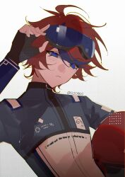 1boy absurdres adjusting_eyewear ahoge alternate_costume alternate_universe arm_up black_streaks blue_eyes cathon613 chinese_commentary goggles goggles_on_head grey_pupils helmet highres holding holding_helmet looking_at_viewer male_focus motorcycle_helmet multicolored_hair racing_suit red_hair short_hair solo streaked_hair sumino_takumi the_hundred_line_-last_defense_academy- twitter_username upper_body