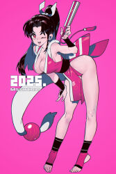 1girl 2025 bare_shoulders bent_over black_hair breasts brown_eyes cleavage fatal_fury female_focus folding_fan full_body hair_ribbon hand_fan highres holding holding_fan japanese_clothes large_breasts long_hair motoyui ninja one_eye_closed open_mouth parted_bangs pelvic_curtain pink_background plunging_neckline ponytail revealing_clothes ribbon sasaki_tomomi shiranui_mai sideboob smile snk solo the_king_of_fighters twitter_username white_ribbon