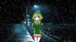 1girl angry bucket cold collar crossed_arms crying crying_with_eyes_open green_eyes green_hair hair_ornament kimi_ga_shine kizuchi_kanna long_sleeves looking_at_viewer open_mouth rain sailor school_uniform shirt short_hair skirt solo tears togainu_no_chi