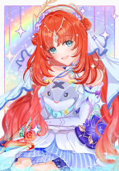 Rule 34 | 1girl, amagumo mokmok, blush, detached sleeves, double bun, dress, flower hairband, genshin impact, green eyes, hair bun, hair ornament, highres, hug, long hair, looking at viewer, nilou (breeze of sabaa) (genshin impact), nilou (genshin impact), official alternate costume, official alternate hairstyle, open mouth, rainbow, red hair, sitting, sitting on lap, sitting on person, smile, solo, very long hair, watermark, white dress