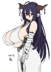 1girl bandaged_arm bandages black_gloves black_hair breasts brown_horns danua draph dress fingerless_gloves gloves granblue_fantasy hair_between_eyes highres horns houtengeki large_breasts long_hair pointy_ears red_eyes simple_background solo white_background white_dress