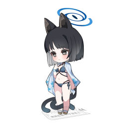 1girl :t ame. animal_ear_fluff animal_ears bikini black_bikini black_hair blue_archive blue_bikini blush breasts brown_sandals cat_ears cat_girl cat_tail chibi cleavage closed_mouth grey_eyes grey_hair groin halo highres kikyou_(blue_archive) kikyou_(swimsuit)_(blue_archive) layered_bikini multicolored_hair multiple_tails navel pout sandals short_hair side-tie_bikini_bottom simple_background small_breasts solo standing swimsuit tail two-tone_hair two_tails watermark white_background