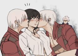 Rule 34 | 1girl, 3boys, black gloves, black hair, blush, clone, coat, dante (devil may cry), devil may cry, devil may cry (series), devil may cry 3, doppelganger, fingerless gloves, gloves, green eyes, heterochromia, highres, jewelry, jumpoon, kiss, kissing cheek, lady (devil may cry), multiple boys, necklace, no shirt, parted lips, red coat, red eyes, shirt, sweatdrop, vergil (devil may cry), white hair, white shirt
