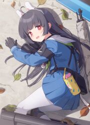 1girl absurdres akabino animal_ears artist_name black_gloves black_hair blue_archive blue_shirt blue_skirt bottle commentary_request fake_animal_ears feet_out_of_frame gloves highres leaf long_hair long_sleeves looking_at_viewer lying miyu_(blue_archive) on_side open_mouth pantyhose rabbit_ears red_eyes sailor_collar school_uniform shirt skirt solo tearing_up water_bottle watermark white_pantyhose white_sailor_collar