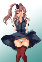 1girl black_dress breast_pocket breasts brown_hair closed_eyes dress embarrassed gluteal_fold hair_between_eyes high_side_ponytail highres kantai_collection large_breasts long_hair nawohata open_mouth panties pocket ponytail red_thighhighs saratoga_(kancolle) saratoga_mk_ii_(kancolle) side_ponytail sidelocks smokestack smokestack_hair_ornament solo thighhighs underwear white_panties wind wind_lift