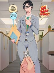 Rule 34 | 1boy, 1other, absurdres, adjusting clothes, adjusting necktie, black-framed eyewear, black hair, bright pupils, chastity cage, collared shirt, diforland, english text, flat chastity cage, folder, glasses, green eyes, green necktie, grey jacket, grey pants, highres, holding, holding chastity cage, holding folder, indoors, jacket, lanyard, looking at viewer, morgan (diforland), name tag, necktie, office, open mouth, original, pants, pov, pov hands, shirt, short hair, small chastity cage, solo focus, speech bubble, standing, trap, unworn chastity cage, white shirt