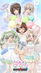 5girls anchovy_(girls_und_panzer) armpits balloon bare_arms bare_legs bare_shoulders blonde_hair blowing_bubbles blue_background blue_eyes blue_flower blue_nails blue_ribbon blush bouquet bow bracelet breasts bridal_gauntlets bridal_veil brown_eyes brown_hair bubble bubble_wand choker cleavage closed_eyes collarbone copyright_name cropped_shirt cup dress drill_hair floral_print flower freckles frilled_dress frilled_skirt frills girls_und_panzer girls_und_panzer_senshadou_daisakusen! gradient_background green_bow green_hair green_ribbon grey_hair hair_bow hair_bun hair_flower hair_intakes hair_ornament hair_ribbon hat high-low_dress high-low_skirt highres holding holding_balloon holding_bouquet holding_cup holding_umbrella itsumi_erika jewelry kay_(girls_und_panzer) layered_dress layered_skirt leg_ribbon legs looking_at_viewer medium_hair midriff mini_hat multiple_girls nishizumi_maho official_art official_wallpaper one_eye_closed open_mouth outstretched_arm pink_flower pink_rose purple_flower rain red_bow red_eyes ribbon rose see-through_clothes see-through_sleeves shirt short_hair sidelocks skirt skirt_hold sleeveless sleeveless_dress smile standing standing_on_one_leg strapless strapless_dress thighs twin_drills umbrella undersized_object veil water waving wavy_hair wedding_dress white_bow white_dress white_flower white_shirt