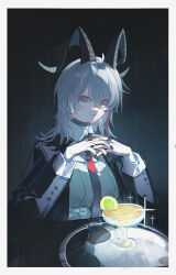 1girl absurdres black_choker black_horns black_jacket black_nails breasts choker collared_shirt commentary cup curled_horns drinking_glass earrings echj food fruit gendou_pose grey_hair hair_between_eyes hair_ornament hands_clasped hashtag-only_commentary highres horns interlocked_fingers jacket jewelry key_earrings large_breasts lime_(fruit) lime_slice long_hair looking_at_viewer multicolored_hair nail_polish necktie own_hands_clasped own_hands_together parted_lips red_eyes red_necktie shirt solo streaked_hair white_shirt wuthering_waves zani_(wuthering_waves)