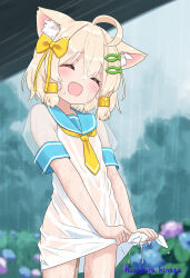 1boy ^_^ ahoge animal_ears blonde_hair blush bow cat_boy cat_ears closed_eyes crossdressing dress fish_hair_ornament hair_bow hair_ornament happy hazakura_hinata highres kaya_(hazakura_hinata) male_focus open_mouth outdoors rain sailor_collar see-through_clothes short_hair short_sleeves smile solo trap wet wet_clothes yellow_bow