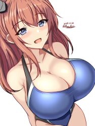 Rule 34 | 1girl, black one-piece swimsuit, blue eyes, blue one-piece swimsuit, breasts, brown hair, competition swimsuit, covered navel, dated, highleg, highleg one-piece swimsuit, highres, kantai collection, large breasts, long hair, looking at viewer, montemasa, multicolored swimsuit, one-hour drawing challenge, one-piece swimsuit, saratoga (kancolle), smile, solo, swimsuit, twitter username, two-tone swimsuit