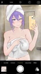 Rule 34 | area 15, bathroom, betadinobatluka, breasts, highres, holding, holding phone, holding towel, hololive, hololive indonesia, large breasts, mirror selfie, moona hoshinova, naked towel, phone, purple hair, selfie, towel, virtual youtuber