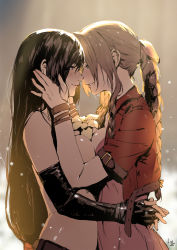 2girls aerith_gainsborough arms_around_waist bad_id bad_pixiv_id black_hair bow bracelet braid braided_ponytail breast_press breasts brown_eyes brown_hair club3 cropped_jacket elbow_gloves eye_contact final_fantasy final_fantasy_vii final_fantasy_vii_remake flower gloves green_eyes hair_bow highres imminent_kiss jacket jewelry long_hair looking_at_another low-tied_long_hair multiple_girls parted_lips red_jacket smile symmetrical_docking tifa_lockhart topless_female yuri