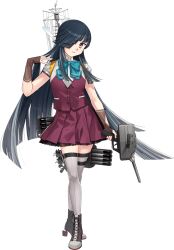 Rule 34 | 1girl, aqua bow, black hair, boots, bow, bowtie, brown eyes, brown gloves, collared shirt, dress, dress shirt, elbow gloves, fingerless gloves, fujikawa, full body, gloves, grey thighhighs, hair over one eye, hair ribbon, hayashimo (kancolle), hayashimo kai ni (kancolle), hime cut, kantai collection, lace-up boots, long hair, looking at viewer, machinery, official art, pleated skirt, purple skirt, purple vest, ribbon, school uniform, shirt, skirt, smile, solo, summer uniform, thighhighs, torpedo, torpedo launcher, torpedo tubes, transparent background, very long hair, vest, white ribbon, white shirt