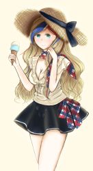 1girl akatsukiiovo anchor_hair_ornament aqua_eyes black_skirt blonde_hair breasts cleavage commandant_teste_(kancolle) cowboy_shot female_focus food hair_ornament hat hat_ribbon highres ice_cream kantai_collection long_hair looking_at_viewer low-cut medium_breasts multicolored_hair multicolored_scarf plaid_clothes plaid_scarf ribbon scarf simple_background skirt smile solo streaked_hair sun_hat swept_bangs wavy_hair