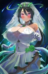 1girl alternate_costume black_hair blush breasts cleavage creatures_(company) dress flower game_freak green_flower highres hizakake huge_breasts nintendo pokemon pokemon_oras red_eyes solo wedding_dress zinnia_(pokemon)