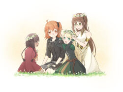 4girls adele_(fate) ahoge armlet asha_(fate) bare_shoulders belt black_gloves black_jacket black_scrunchie braid brown_belt brown_eyes brown_footwear brown_hair clenched_hand closed_mouth crown_braid dark-skinned_female dark_skin dress fate_(series) field flower fujimaru_ritsuka_(female) fujimaru_ritsuka_(female)_(polar_chaldea_uniform) gerda_(fate) gloves gold_belt green_dress green_eyes green_hairband green_skirt grey_skirt hair_between_eyes hairband half_updo halter_dress halterneck hand_on_another&#039;s_head hand_on_lap hand_up hands_up happy head_wreath holding holding_flower jacket jewelry konsan_(shinonome_root3) light_blush long_hair long_sleeves looking_at_another looking_at_viewer looking_down looking_to_the_side low_twin_braids medium_hair multiple_girls neck_ring open_mouth orange_eyes orange_hair outdoors red_dress scrunchie short_sleeves side_ponytail simple_background sitting skirt sleeveless sleeveless_dress smile twin_braids white_background white_dress white_flower