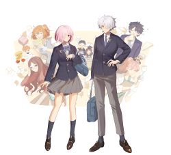 absurdres alternate_costume archer_(fate) black_hair blazer bow bowtie bread brown_hair emiya_shirou unworn_eyewear fate/grand_order fate_(series) food fujimaru_ritsuka_(female) fujimaru_ritsuka_(male) galahad_(fate) highres holding holding_food holding_removed_eyewear jacket lab_coat leonardo_da_vinci_(fate) marimo marimo_(nogdujeon) mash_kyrielight necktie one_eye_covered open_mouth orange_hair ponytail purple_hair romani_archaman school_uniform sherlock_holmes_(fate) side_ponytail skirt smile socks tomato white_hair