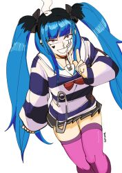 1girl 3amsoda amemiya_darumi black_bow black_hair black_skirt blue_hair bow collar drooling ear_piercing face_piercing female_focus hands_up heart lip_piercing long_sleeves looking_at_viewer multicolored_hair piercing pink_hair pink_thighhighs pleated_skirt red_collar safety_pin shirt skirt striped_clothes striped_shirt the_hundred_line_-last_defense_academy- thighhighs twintails white_background