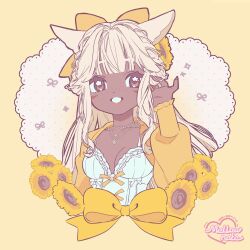1girl animal_ears artist_name bow braid breasts brown_eyes cleavage eyelashes facial_mark fingernails flower freckles grin hair_bow hair_ornament hand_up highres jacket jewelry lips long_hair looking_to_the_side mellownote necklace original smile square sunflower upper_body white_hair wispy_bangs yellow_background yellow_bow yellow_flower yellow_jacket